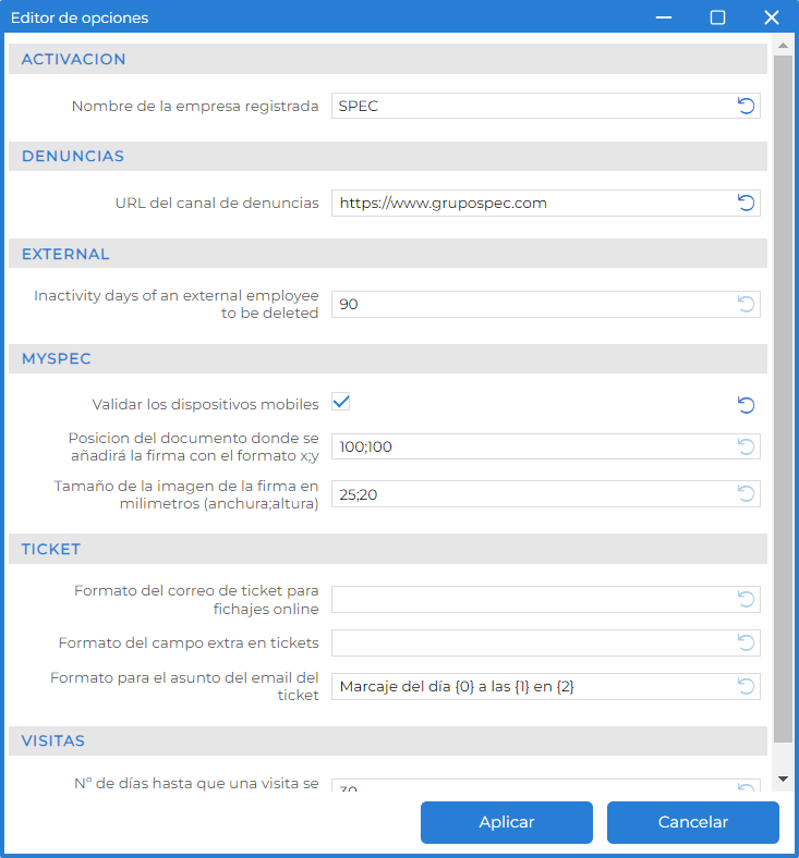 Editor opciones
